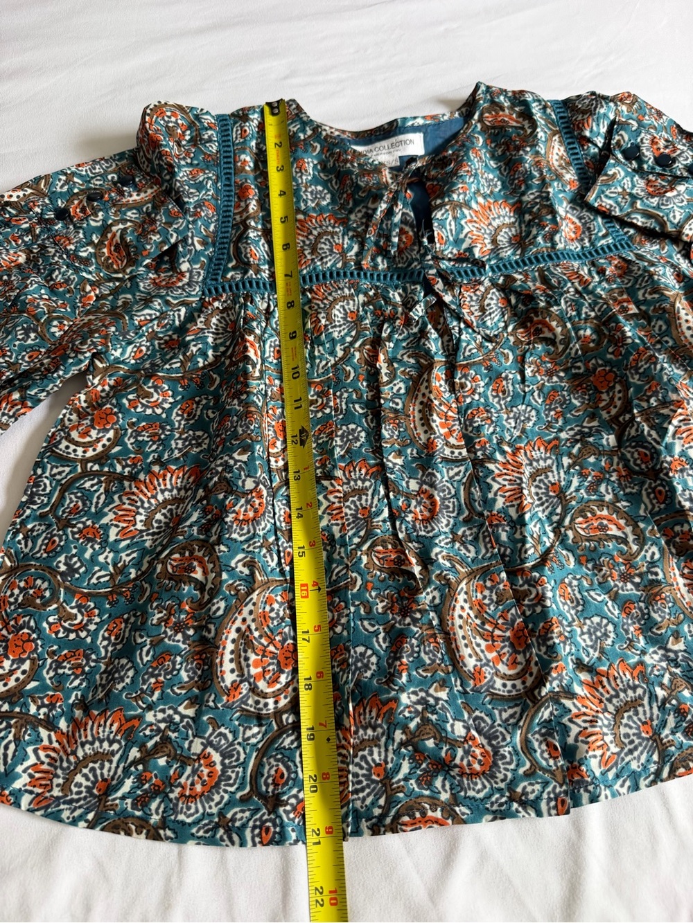 Emerson Fry India Collection "Isla" 100% Silk Teal Rust Paisley Peasant Top - Picture 15 of 15